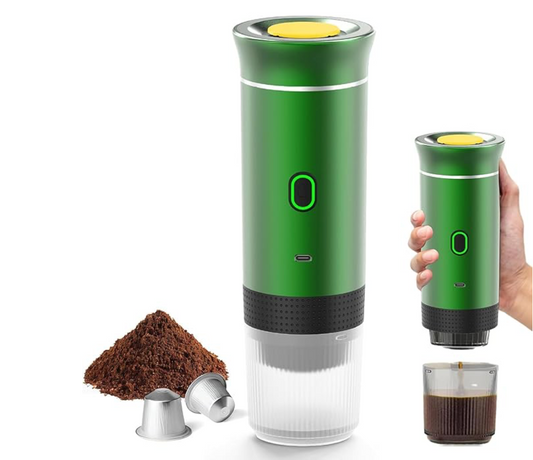 Metallic Green Wireless Electric Portable Espresso Coffee Machine for Car Home Camping 3-In-1 Capsule Powder Travel Coffee Maker