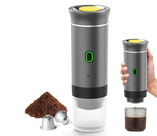 Metallic Grey Wireless Electric Portable Espresso Coffee Machine for Car Home Camping 3-In-1 Capsule Powder Travel Coffee Maker